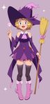 :d absurdres bare_shoulders black_legwear blonde_hair blush boots bow breasts broom cosplay full_body gazing_eye gen_4_pokemon grey_background halloween_costume hat highres holding holding_broom index_finger_raised knee_boots legs_apart long_sleeves looking_at_viewer medium_breasts miniskirt mismagius mismagius_(cosplay) open_mouth pink_bow pink_footwear pink_skirt pokemon pokemon_(anime) pokemon_xy_(anime) purple_hat serena_(pokemon) short_hair shoulder_cutout simple_background skirt skull smile solo sparkle standing tareme thighhighs thighhighs_under_boots trick_or_treat wide_sleeves witch witch_hat zettai_ryouiki 