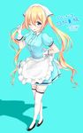  ;o absurdres apron aqua_background aqua_dress aqua_eyes artist_name black_footwear blend_s blonde_hair blush breasts character_name commentary_request copyright_name dated dress eyebrows_visible_through_hair frilled_apron frills full_body gloves hair_between_eyes hand_on_hip head_scarf highres hinata_kaho index_finger_raised long_hair looking_at_viewer medium_breasts one_eye_closed puffy_short_sleeves puffy_sleeves short_sleeves signature simple_background solo standing stile_uniform tareme thighhighs translation_request twintails very_long_hair waist_apron waitress white_apron white_gloves white_legwear yasaka_(astray_l) zettai_ryouiki 