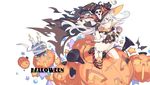  absurdres alternate_costume amatsukaze_(kantai_collection) animal artist_name black_cat candle candy cat fang food hair_between_eyes halloween halloween_costume hat highres jack-o'-lantern kantai_collection litsvn long_hair pumpkin rensouhou-kun silver_hair single_thighhigh smile striped striped_legwear thighhighs two_side_up white_background witch_hat yellow_eyes 