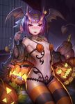 alternate_costume black_cape black_gloves blush bob_cut breasts candy cape dark_duck demon_tail eyebrows fangs fate/grand_order fate_(series) fingerless_gloves food gloves halloween head_wings highres horns jack-o'-lantern jewelry looking_at_viewer navel necklace oni oni_horns open_mouth pumpkin purple_eyes purple_hair short_hair shuten_douji_(fate/grand_order) sitting small_breasts smile striped striped_legwear sunglasses tail thighhighs 