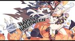  alternate_costume amatsukaze_(kantai_collection) animal artist_name black_cat border candle candy cat fang food hair_between_eyes halloween halloween_costume happy_halloween hat highres jack-o'-lantern kantai_collection letterboxed litsvn long_hair pumpkin rensouhou-kun silver_hair single_thighhigh smile striped striped_legwear thighhighs two_side_up white_background witch_hat yellow_eyes 