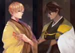  2boys ankh black_hair blonde_hair brown_hair crossed_arms dark_skin dark_skinned_male earrings fate/grand_order fate/prototype fate/prototype:_fragments_of_blue_and_silver fate_(series) gilgamesh haori japanese_clothes jewelry kimono male_focus multiple_boys ozymandias_(fate) pvc_parfait red_eyes single_earring yellow_eyes 
