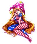  american_flag american_flag_shirt bare_arms between_legs blonde_hair bodysuit bodysuit_under_clothes breasts clownpiece commentary_request full_body hand_between_legs hat head_tilt jester_cap lifted_by_self long_hair looking_at_viewer medium_breasts neck_ruff pink_eyes pink_hat polka_dot shimizu_pem shirt_lift short_sleeves simple_background sitting skin_tight smile solo star star_print striped striped_legwear touhou very_long_hair white_background 