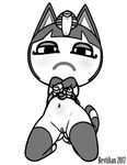 animal_crossing ankha anthro bottomless cat clothed clothing clothing_lift egyptian feline female frown greyscale kneeling legwear mammal monochrome navel nintendo pussy revtilian shirt shirt_lift simple_background solo stockings video_games white_background 
