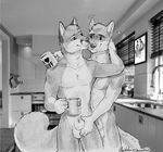  anthro beverage canine chaine_redfield chapiduh cute duo grope happy kemonowolf kitchen love male male/male mammal morning nude paws standing tea together wolf 
