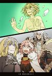  3boys armor armored_dress astolfo_(fate) bangs black_ribbon blonde_hair braid breasts brown_hair cape capelet chain cloak commentary dark_skin de dente eyebrows_visible_through_hair fang fate/apocrypha fate_(series) gauntlets hair_ornament hair_ribbon headpiece jeanne_d'arc_(fate) jeanne_d'arc_(fate)_(all) long_hair mine_(odasol) multicolored_hair multiple_boys open_clothes open_shirt otoko_no_ko pink_eyes pink_hair purple_eyes red_eyes ribbon scar shirt shirtless short_hair sieg_(fate/apocrypha) siegfried_(fate) silver_hair simple_background single_braid translation_request two-tone_hair 