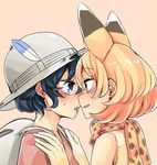  animal_ears backpack bag bare_shoulders black_hair blonde_hair blue_eyes blush brown_eyes eye_contact from_side grey_hat hands_on_another's_shoulders hat hat_feather helmet highres imminent_kiss initsukkii kaban_(kemono_friends) kemono_friends looking_at_another multiple_girls nose_blush orange_background parted_lips pith_helmet profile red_shirt scarf serval_(kemono_friends) serval_ears shiny shiny_hair shirt short_hair sideways_mouth simple_background sleeveless smile upper_body yellow_scarf yuri 