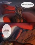  anthro aroused avi axis balls breasts comic dialogue dragon duo english_text erection face_lick fangs female feral hi_res hybrid_penis knot larger_male male penis size_difference smaller_female speech_bubble text tongue tongue_out totesfleisch8 