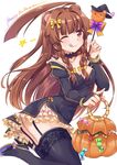  alternate_costume bag black_dress black_legwear breasts brown_eyes brown_hair candy dress food garter_straps halloween halloween_costume highres kantai_collection ko_yu kuma_(kantai_collection) lollipop long_hair looking_at_viewer medium_breasts pumpkin smile solo thighhighs 