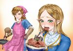  1girl apron blonde_hair blue_eyes blush bowl chopsticks earrings eating eyebrows fingerless_gloves food gloves gradient gradient_background green_eyes grin hair_ornament hairclip hand_on_hip head_scarf jewelry ladle link long_hair meat pointy_ears ponytail princess_zelda simple_background smile steam sweat sweatdrop the_legend_of_zelda the_legend_of_zelda:_breath_of_the_wild wasabi_(legemd) 
