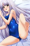  :o absurdres azmaria_hendric barefoot blue_swimsuit brown_eyes calendar_(medium) cameltoe chrono_crusade circle_name competition_school_swimsuit feet highres long_hair looking_at_viewer lying on_back on_side one-piece_swimsuit open_mouth school_swimsuit silver_hair soles solo spread_legs strap_slip sugimura_tomokazu swimsuit 