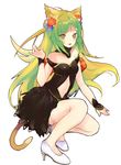  animal_ears argyle_cutout atalanta_(fate) black_dress blush breasts choker cleavage collarbone dress fate/apocrypha fate_(series) floating_hair flower full_body green_eyes green_hair hair_flower hair_ornament high_heels highres itohime long_hair midriff navel parted_lips red_flower shiny shiny_skin short_dress simple_background sleeveless sleeveless_dress small_breasts smile solo squatting stomach tail very_long_hair white_background white_footwear 