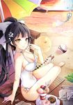  arm_support azur_lane ball barefoot beach beach_umbrella beachball black_hair boat bow breasts casual_one-piece_swimsuit cleavage collarbone crazy_straw doughnut drinking_straw flower food gyaza haagen-dazs hair_bow hair_flower hair_ornament heart_straw high_ponytail highres large_breasts long_hair looking_at_viewer ocean one-piece_swimsuit orange_eyes outdoors seashell shell shiny shiny_skin sitting smile solo starfish swimsuit takao_(azur_lane) umbrella very_long_hair watercraft white_bow white_flower white_swimsuit wind_chime 
