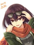  black_hair brown_eyes dated eyewear_on_head green_eyes haura_akitoshi kantai_collection looking_at_viewer open_mouth orange_scarf scarf sendai_(kantai_collection) short_hair simple_background solo twitter_username two_side_up upper_body white_background 