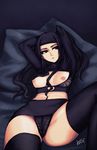  absurdres arms_behind_head arms_up black_hair breasts highres julianne_stingray kiririn51 lying nipples official_art panties red_eyes small_breasts solo thighhighs underwear va-11_hall-a 