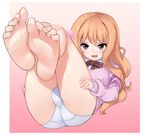  aoi_akira ass bangs barefoot bow bowtie brown_eyes cameltoe crotch_seam debutya_aki dress_shirt eyebrows_visible_through_hair feet full_body gradient gradient_background hair_ornament labia legs_up long_hair long_sleeves looking_at_viewer lying no_pants on_back open_mouth orange_hair outside_border panties pink_background pink_sweater red_neckwear school_uniform selector_wixoss shirt soles solo sweater thighs trefoil underwear v-neck white_panties white_shirt wixoss 