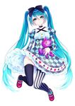  1girl absurdres alice_in_wonderland asymmetrical_legwear black_bow black_legwear blue_eyes blue_hair bow character_doll checkered checkered_floor cheshire_cat choker dress eyebrows_visible_through_hair floating_hair full_body hair_between_eyes hair_bow hatsune_miku head_tilt highres holding layered_dress long_hair looking_at_viewer mary_janes parted_lips red_footwear shoes solo striped striped_legwear thighhighs twintails vertical-striped_legwear vertical_stripes very_long_hair vocaloid 