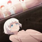  :t arms_up blue_eyes breasts brown_hair bubble cleavage commentary_request eyebrows_visible_through_hair gobanme_no_mayoi_neko high_ponytail highres holding holding_towel long_hair looking_up medium_breasts meteora_osterreich multiple_girls nude re:creators red_hair short_hair silver_hair towel underwater 