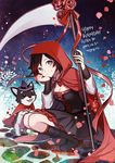  birthday breasts cleavage cloak commentary_request corset dated ecru english flower halloween halloween_costume hat hood hooded_cloak medium_breasts night night_sky red_eyes rose ruby_rose rwby scythe silver_eyes sky star_(sky) starry_sky welsh_corgi witch_hat zwei_(rwby) 