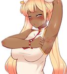 1girl armpits arms_up blonde_hair blush dark_skin maplestory_2 open_mouth smell steam tagme 