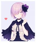  black_bow blush bow capelet choker cross eyebrows_visible_through_hair fate/grand_order fate_(series) grey_background hair_bow hair_over_one_eye heart looking_at_viewer mash_kyrielight purple_bow purple_eyes purple_hair ranopoyo short_hair short_sleeves smile solo upper_body 