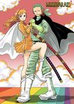  1boy 1girl black_eyes boots breasts brown_eyes cape cleavage green_clothes green_hair hand_holding hand_on_back headphones katana leg_up long_hair nami_(one_piece) navel number one_piece orange_clothes orange_hair roronoa_zoro rose scar short_hair sowrd stomach thighs together 