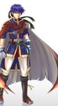  armor asymmetrical_gloves blue_eyes blue_hair boots cape fire_emblem fire_emblem:_akatsuki_no_megami fire_emblem:_souen_no_kiseki gauntlets gloves headband highres ike male_focus nonoko_(671072) solo tunic 