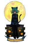  absurdres animal_ears artist_name batman_(series) belt blue_eyes breasts cat_ears cat_tail catwoman catwoman_(cosplay) cosplay costume curly_hair dc_comics full_body full_moon green_hair halloween happy_halloween highres jack-o'-lantern leotard looking_at_viewer mask moon okada_(hoooojicha) one-punch_man short_hair sitting small_breasts smile solo tail tatsumaki white_background 