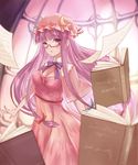  absurdres bangs bespectacled blunt_bangs book bow breasts capelet cleavage crescent crescent_hair_ornament dress glasses hair_bow hair_ornament hat highres juunanaban long_hair looking_at_viewer medium_breasts mob_cap pages parted_lips patchouli_knowledge purple_eyes purple_hair solo touhou 