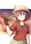  black_eyes black_gloves black_hair cloud collarbone commentary dot_nose evening gloves hair_between_eyes hat hat_feather helmet highres kaban_(kemono_friends) kemono_friends looking_away paper_airplane pith_helmet red_shirt sandstar shirt short_hair short_sleeves smile solo upper_body yasume_yukito 