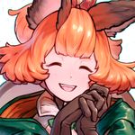  :d animal_ears bangs blunt_bangs closed_eyes coat face facing_viewer granblue_fantasy hands_clasped head_tilt interlocked_fingers karteira open_mouth orange_hair own_hands_together reiesu_(reis) smile solo white_background 
