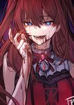  absurdres bare_shoulders blood blood_on_face bloody_clothes bloody_hands blue_eyes fpanda highres ichinose_shiki idolmaster idolmaster_cinderella_girls licking_lips long_hair my_dear_vampire red_hair ribbon sharp_teeth solo teeth tongue tongue_out vampire 