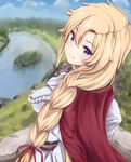  blonde_hair blue_eyes braid breasts cape chateau_gaillard_(oshiro_project) dargo hair_between_eyes hair_over_shoulder large_breasts long_hair looking_at_viewer looking_back oshiro_project oshiro_project_re red_cape single_braid smile solo upper_body 