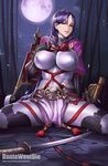  armor banned_artist breasts commentary fate/grand_order fate_(series) fingerless_gloves full_moon gloves highres japanese_armor katana kote large_breasts long_hair looking_at_viewer minamoto_no_raikou_(fate/grand_order) moon night parted_lips purple_eyes purple_hair sitting smile solo spread_legs sword very_long_hair weapon yinan_cui 
