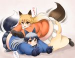 2girls animal_ears blonde_hair blush breasts brown_eyes brown_hair ezo_red_fox_(kemono_friends) fat fox_ears fox_tail grey_hair kemono_friends kurokaze_no_sora large_breasts lying multiple_girls on_stomach open_mouth silver_fox_(kemono_friends) tail thick_thighs 