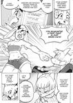  breasts cleavage clothed clothing comic computer cookie_(furryfight_chronicles) daigaijin dialogue english_text furryfight_chronicles happy lagomorph mammal midriff muko rabbit rodent shocked shorts text tube_top 