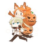  &gt;:) :3 animal_costume animal_ears aquila_(kantai_collection) blonde_hair blue_eyes cape carrying graf_zeppelin_(kantai_collection) hair_between_eyes halloween halloween_costume high_ponytail jack-o'-lantern kantai_collection long_hair long_sleeves lowres multiple_girls orange_hair pumpkin rebecca_(keinelove) short_hair sidelocks simple_background smile tail twintails v-shaped_eyebrows white_background wolf_costume wolf_ears wolf_tail 