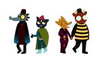  0 2017 alpha_channel angus_(nitw) anthro bea_(nitw) bear boots brown_fur canine cat clothing costume crocodilian dagger eyewear feline fez footwear fox fur glasses gregg_(nitw) hand_holding love_in_the_woods mae_(nitw) mammal melee_weapon night_in_the_woods null_symbol pants reptile scalie simple_background skull skullgoat777 teeth transparent_background weapon wings 