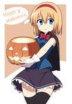  :o alice_margatroid black_cape black_legwear black_skirt blonde_hair blue_eyes blush bow bowtie cape cowboy_shot enushi_(toho193) hairband halloween happy_halloween highres holding jack-o'-lantern looking_at_viewer open_mouth red_bow red_hairband short_hair skirt sleeveless solo standing tareme thighhighs thought_bubble touhou two-tone_background zettai_ryouiki 