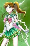  bishoujo_senshi_sailor_moon bow brown_hair choker circlet clenched_hand closed_mouth elbow_gloves embellished_costume gloves green_background green_eyes green_sailor_collar green_skirt hair_bobbles hair_ornament high_ponytail highres kino_makoto light_smile long_hair magical_girl marimo_ill pink_bow pleated_skirt ponytail sailor_collar sailor_jupiter sailor_moon_musical sailor_senshi_uniform skirt sparkle white_gloves 