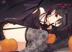  ;) bare_shoulders black_gloves black_hair black_hairband black_legwear closed_mouth collarbone criss-cross_halter demon_girl demon_horns demon_tail demon_wings earrings finger_to_mouth floral_print garter_straps gloves hairband half_gloves halloween halterneck hiiragi_souren horns index_finger_raised jewelry long_hair looking_at_viewer lying on_side one_eye_closed original pointy_ears print_legwear pumpkin red_eyes rose_print shushing smile solo tail tareme thighhighs thighs trick_or_treat unmoving_pattern very_long_hair wings 