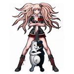  bear_hair_ornament black_bra black_footwear black_jacket blue_eyes bow bra breasts choker cleavage collarbone crossed_arms danganronpa danganronpa_1 enoshima_junko floating_hair full_body hair_ornament high_heels jacket komatsuzaki_rui light_brown_hair long_hair looking_at_viewer medium_breasts miniskirt monokuma nail_polish necktie non-web_source official_art pleated_skirt red_bow red_nails red_skirt shirt simple_background skirt smile spoilers standing underwear very_long_hair white_background white_shirt 