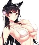  animal_ears atago_(azur_lane) azur_lane bangs bikini black_hair blush breasts brown_eyes choker closed_mouth cocq_taichou collarbone commentary_request covered_nipples extra_ears flower hair_flower hair_ornament hand_on_own_chest large_breasts lips long_hair looking_at_viewer mole mole_under_eye simple_background skindentation solo swimsuit upper_body white_background white_bikini 