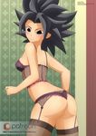  ass black_hair black_panties bow bow_panties bra breasts caulifla cleavage dragon_ball dragon_ball_super garter_belt highres lace lingerie midriff panties smile solo spiked_hair thighhighs underwear underwear_only yukino_memories 