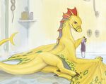 2017 adine_(awsw) angels_with_scaly_wings brown_eyes detailed_background digital_media_(artwork) dildo dragon female feral fin kodardragon looking_at_viewer membranous_wings sex_toy smile solo spines wings yellow_skin 