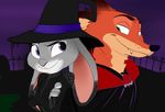  2017 anthro canine cape cheek_tuft clothed clothing crossed_arms dipstick_ears disney duo fangs female fox fur graveyard green_eyes group halloween hat holidays inner_ear_fluff judy_hopps lagomorph looking_back male mammal nick_wilde night outside purple_eyes rabbit smile trashasaurusrex tuft witch_costume witch_hat zootopia 