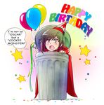  balloon birthday cape commentary_request cosplay english halloween hat iesupa oscar_the_grouch oscar_the_grouch_(cosplay) party_hat ruby_rose rwby rwby_chibi sesame_street solo trash_can 