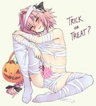  :d astolfo_(fate) bag bandages bare_shoulders black_bow blush bow braid bulge candy fate/apocrypha fate/grand_order fate_(series) food full_body hair_bow hair_intakes half-closed_eyes head_tilt highres knee_up lollipop long_hair looking_at_viewer male_focus multicolored_hair naked_bandage navel no_pupils no_shoes nose_blush open_mouth otoko_no_ko pas_(paxiti) pink_eyes pink_hair simple_background single_braid sitting smile solo spread_legs streaked_hair thighhighs trick_or_treat very_long_hair white_legwear yellow_background 