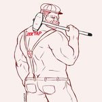  2017 alexyorim back_pose biceps butt clothing humanoid looking_at_viewer looking_back muscular muscular_back newsboy_cap not_furry orc orctober pants red_orctober russian_text simple_background stubble suspenders tattoo text tuskbyddy_exchange tusks 