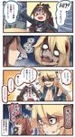  &gt;_&lt; 4koma =_= ahoge alternate_costume animal_ears blank_eyes blonde_hair blue_eyes blush_stickers brown_hair collarbone comic commentary double_bun fang front-tie_top hair_between_eyes halloween halloween_costume highres ido_(teketeke) iowa_(kantai_collection) jiangshi kantai_collection kongou_(kantai_collection) long_hair multiple_girls o_o ofuda open_mouth pale_face ponytail revision saratoga_(kantai_collection) shaded_face smile speech_bubble star star-shaped_pupils symbol-shaped_pupils translated unconscious wolf_ears wolf_paws zombie 